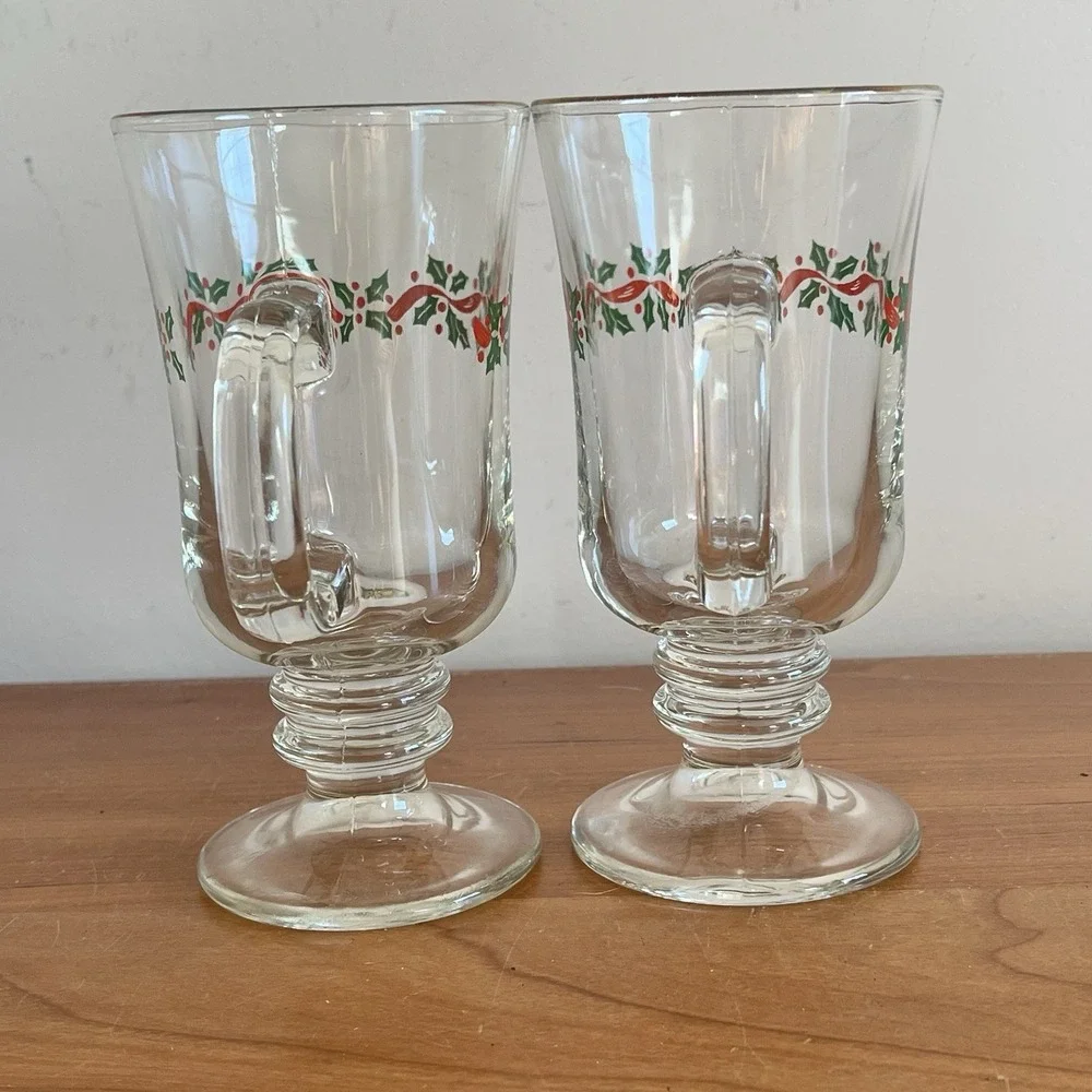 Set Of 2 Vintage Libbey Irish Coffee Mugs Christmas Holly Berry Ribbon Gold Band